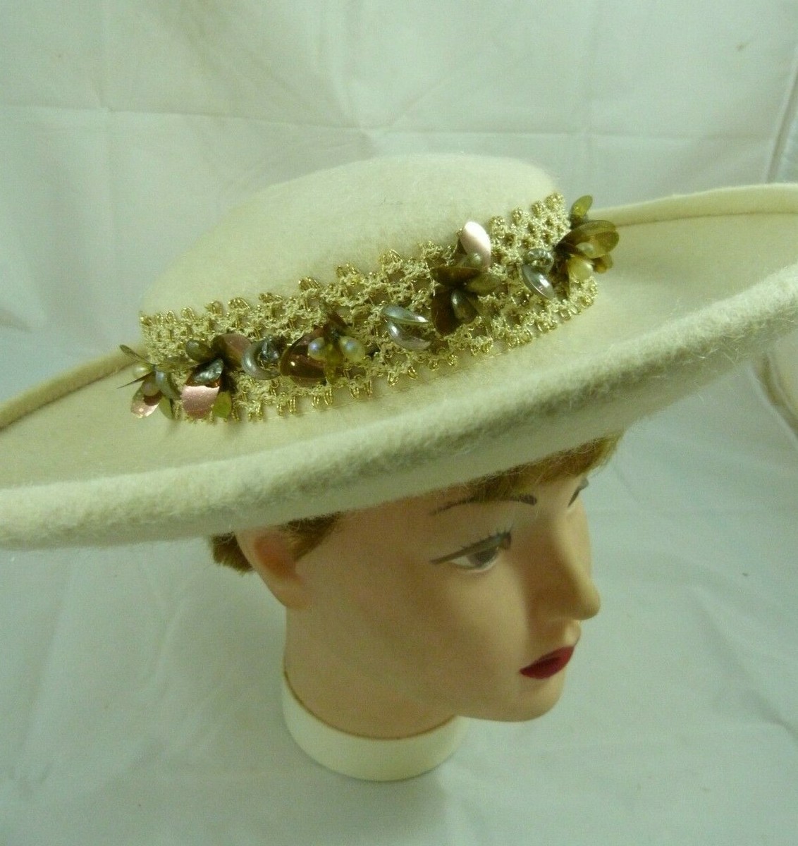 Vintage ROYCE EXCLUSIVE Cream Ivory Wool Fancy Ladies Hat Wide Brim Large  Cap