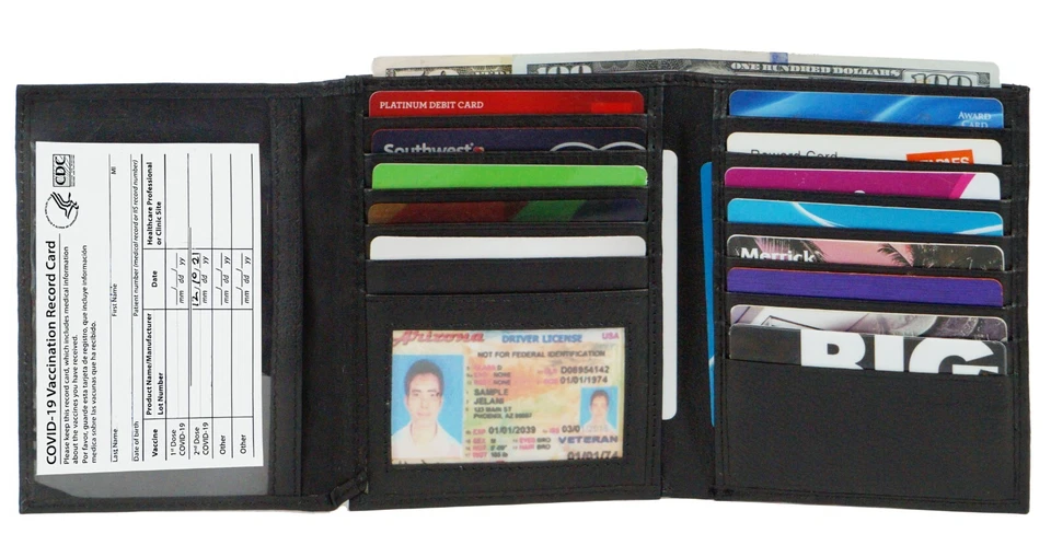 Cartera para hombre europea de cuero de vaca triple pliegue para hombre 2 ranuras para tarjetas ID-20 negra Foto 3 de 4