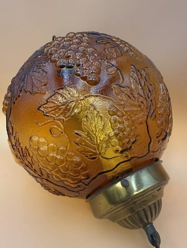 Vintage MCM Amber Glass Globe Hanging Swag Lamp w/ Chain Grapevine Pattern - Picture 8 of 17