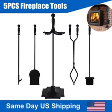 5pcs Fireplace Tool Set with Poker Tongs Broom Shovel Stand Brass Handle Tools