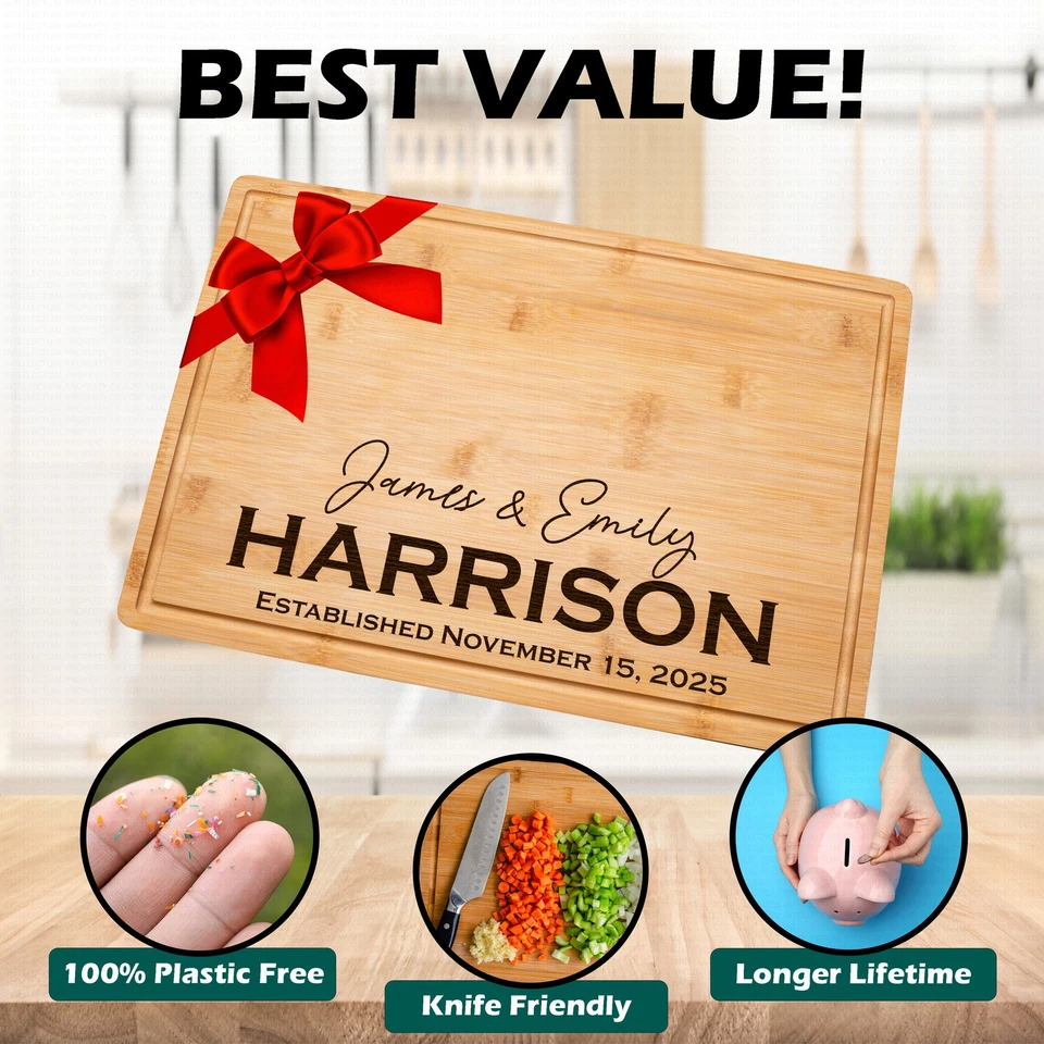 Tabla de cortar de bambú grabada personalizada bandeja de charcutería nombre de pareja Foto 4 de 4