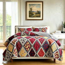 Queen Size Patchwork Quilt Set Boho Floral Geometric Bedspread Coverlet Soft Mic