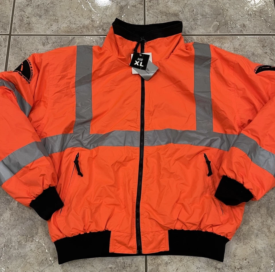 Mens XL Tri Mountain Blaze Orange Hi Vis 3M Reflective Tape Safety Bomber Jacket - Image 2 of 4