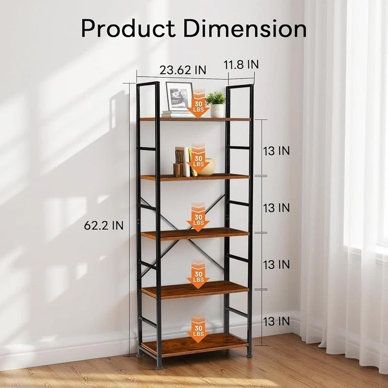 Industrial Bookshelf Rustic Wood and Metal Bookcase with Open Shelves 5-Tier - Image 3 of 4