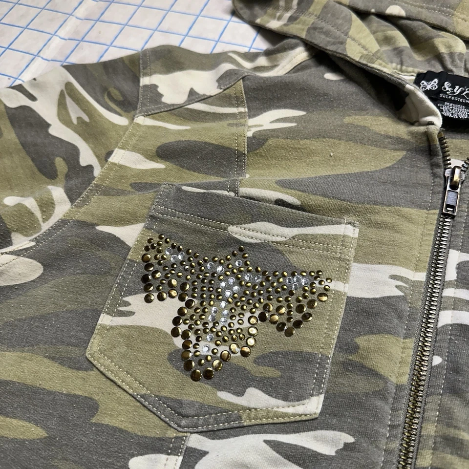 Sudadera con Capucha Autoestima Recortada Desvanecida Camuflaje Cremallera Completa Chaqueta Avant Garde 00s Foto 3 de 4