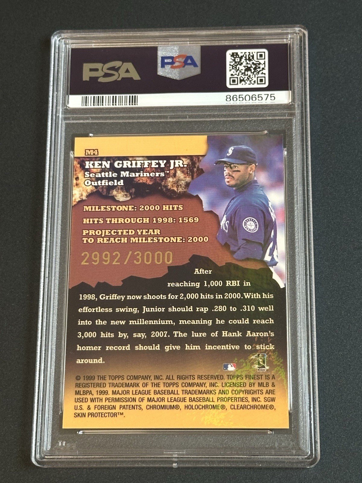 1999 Finest Milestones Hits Ken Griffey Jr Insert Card #M4 PSA 9 /3000 view 2