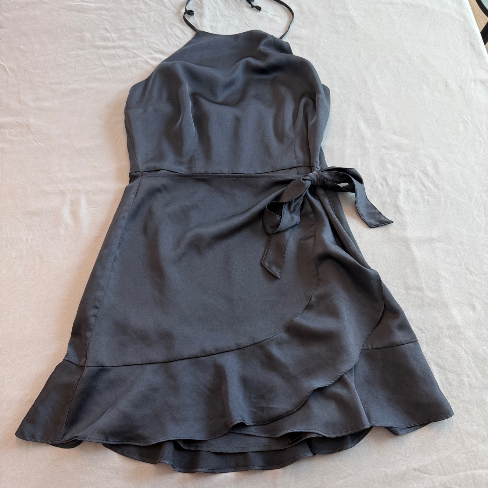 Abercrombie & Fitch Black Satin Halter Mini Dress Faux Wrap Ruffle Hem Large