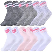 6 Pairs Girls Crew Athletic Socks with Hearts 9-12 Years Stripes/Hearts/Flowers