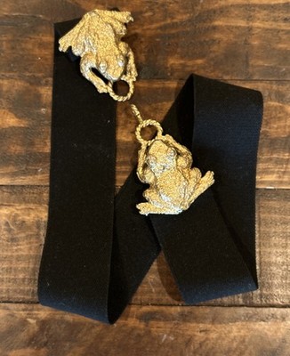 Vintage 1972 Mimi di N Marked Double Frog Gold Tone Buckle Belt Black Elastic