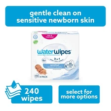 WaterWipes Baby Wipes, 3-In-1 Clean Care Protect, 99.9% Water, Unscented,4 Packs