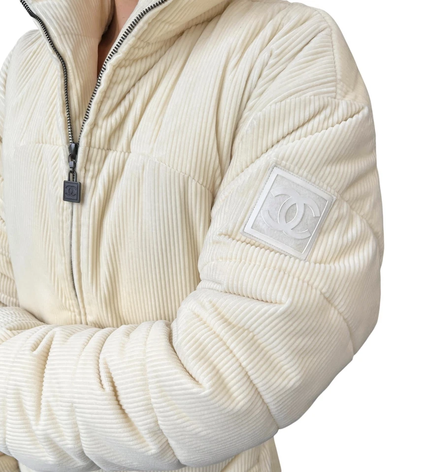 CHANEL Sport Vintage CC Corduroy Puffer Jacket Zip #36 Cream Black Silver - Image 3 of 4