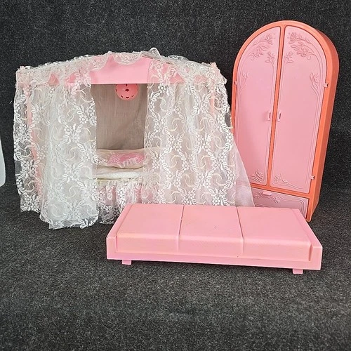Vintage Mattel Barbie Canopy Bed Armoire Bench Bedroom Set Wht Lace Light Works