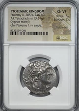 285/4-246 BC Ptolemaic Kingdom Ptolemy II AR Tetradrachm Eagle NGC Ancient Ch VF