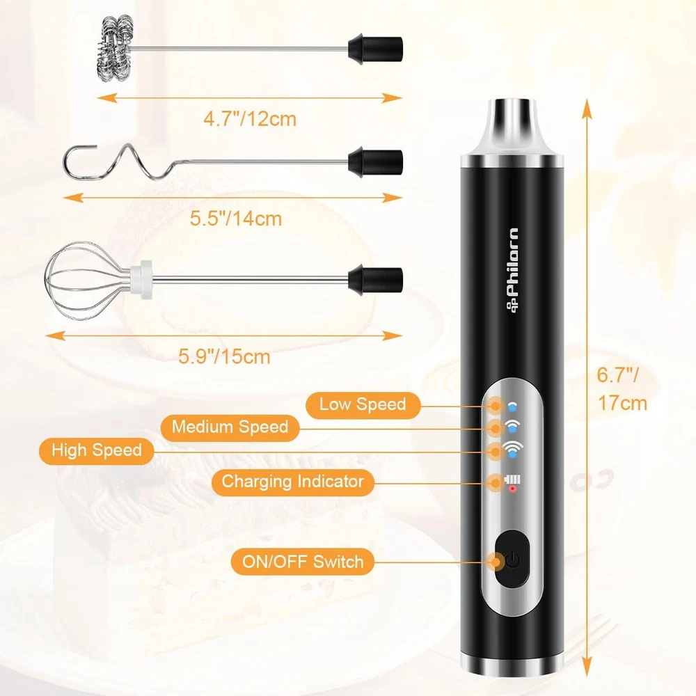 Milk Frother Wand Handheld Drink Mixer, Rechargeable Coffee Frother with 3 He...