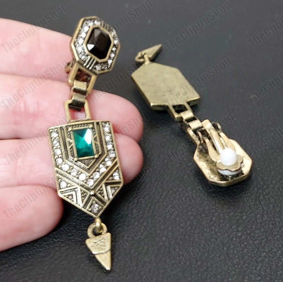 PENDIENTES RETRO GRANDES CLIP ON vintage latón bronce estrás verde + cristal RENACIMIENTO Foto 4 de 4