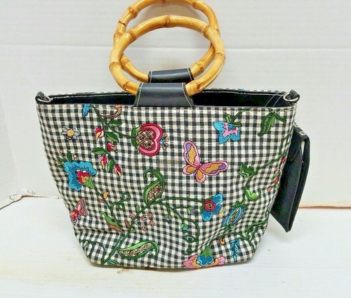 Bueno Handbag Embroidered Flowers and Butterflies Round Wooden Handles Tote - Picture 5 of 12