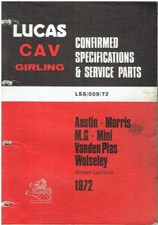 AUSTIN MINI FX4D MG MIDGET MGB V.D.PLAS 1300 PRINCESS 1972 LUCAS PARTS CATALOGUE