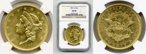 1861 O $20 GOLD LIBERTY NGC AU58