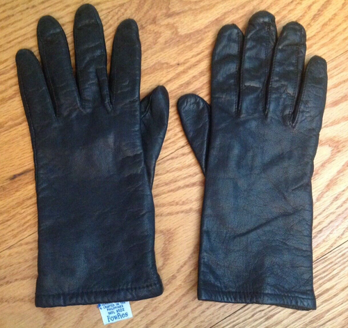 VINTAGE FOWNES LEATHER GLOVES WOMENS 7 1/2 BLACK ELASTIC WRIST ACRYLIC LINED 90s - Picture 7 of 9
