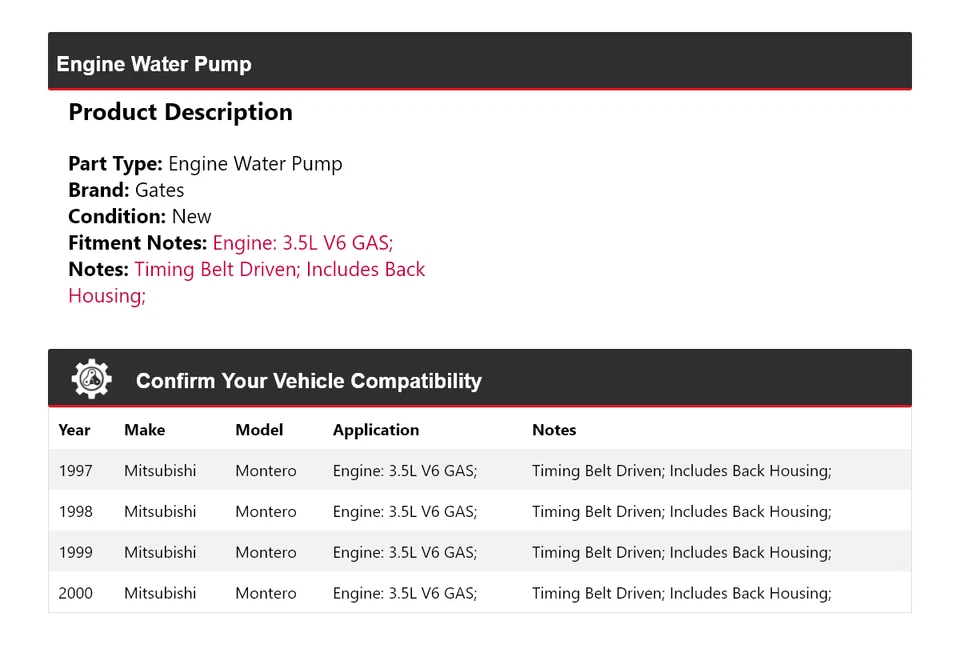 Para Mitsubishi Montero 1997-2000 3,5 L V6 Motor Gas Bomba Agua Puertas 1998 1999 Foto 2 de 4