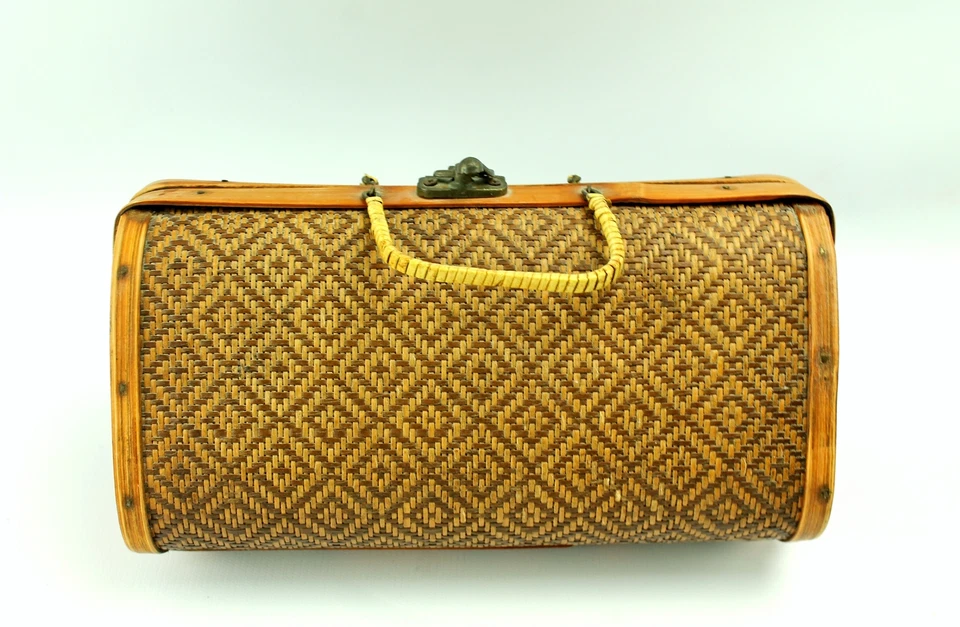 Bolso de mano vintage de madera dura tejido marrón étnico hecho a mano Foto 2 de 4