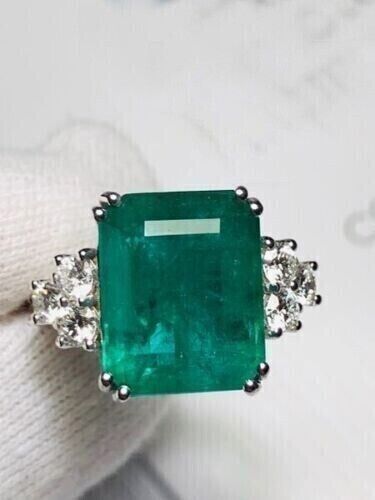 3.30Ct Emerald Cut Natural Emerald & Diamond Cocktail Ring Solid 14K White Gold - Picture 1 of 13