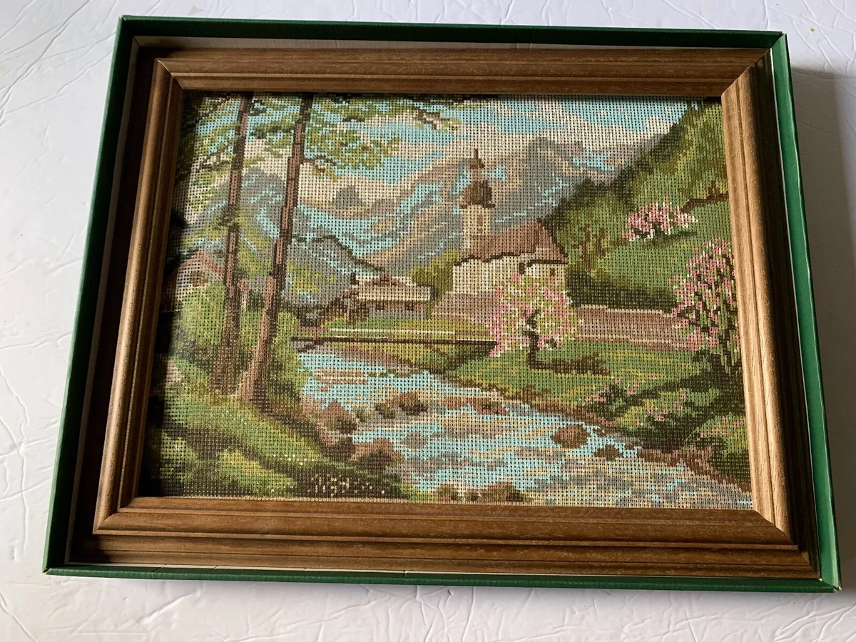 Vintage GOBELIN Stickbild German Tapestry Needlepoint Kit w Frame Yarn Church