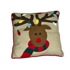 Christmas Reindeer Textured Holiday Throw Pillow With Lights Hanging On Antlers