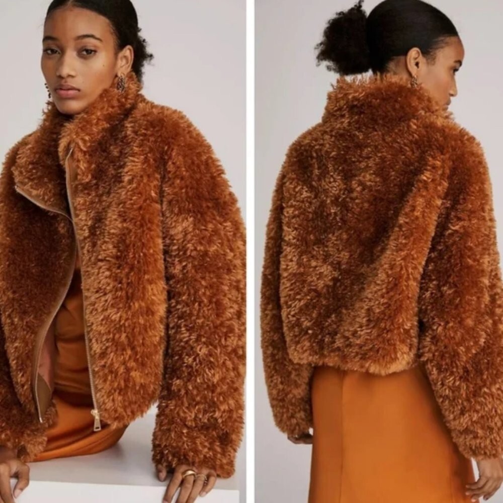 NWT Anthropologie Teddy Faux Fur Carmel Brown Cozy Full Zip Jacket