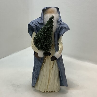 Vintage 10  Blue Cornshuck Corn Husk Figurine Santa Father Christmas W/Tree