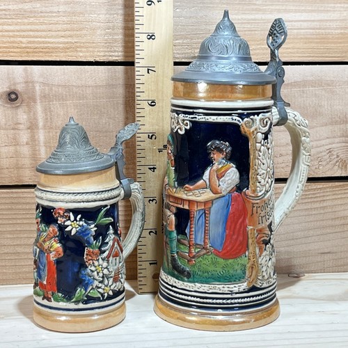 Paar alte Gerz Bierkrüge mit Deckel und deutschen Biermädchen und Spielkarten - Bild 20 von 20