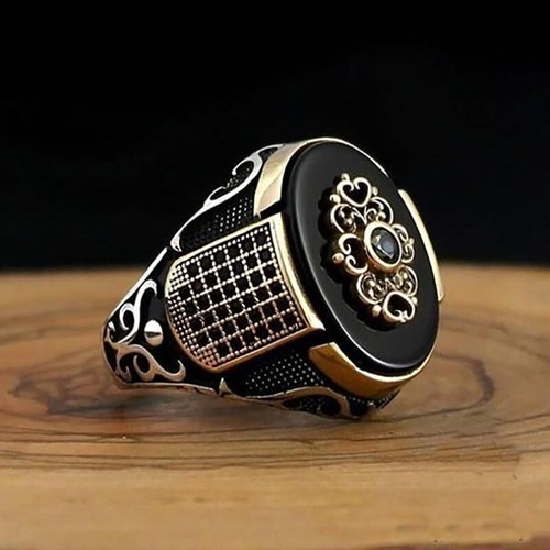 Ring Size 6-12 Elliptic Carving Amber Filled Vintage Punk Men Women - Picture 7 of 25