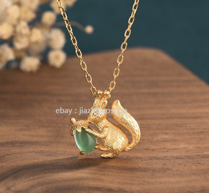 Authentic Jade Squirrel Acorn Pendant Necklace Charm 18K Gold Plated Dainty Gemstone 18“