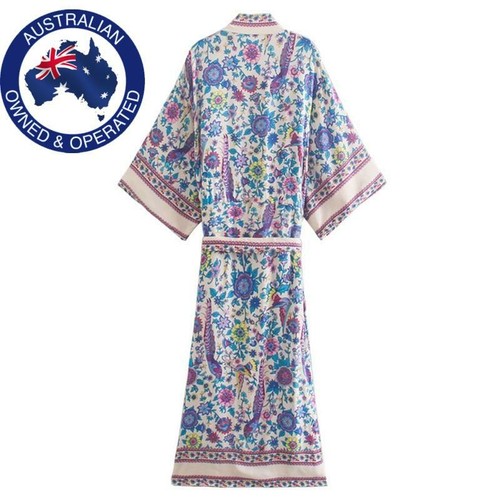 Cream Peacock Floral Bat Sleeve Boho Kimono Waist Tie V-Neck Long Maxi Dress - Picture 5 of 8