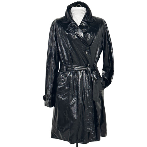 Vintage Women's Black Shiny Leatherette Trench Coat Size Large Trinity Matrix - Picture 1 of 16