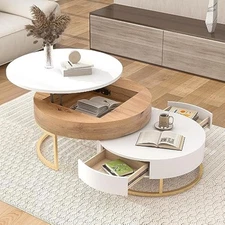Modern Round Lift-top Nesting Coffee Tables with 2 Drawers for Living 