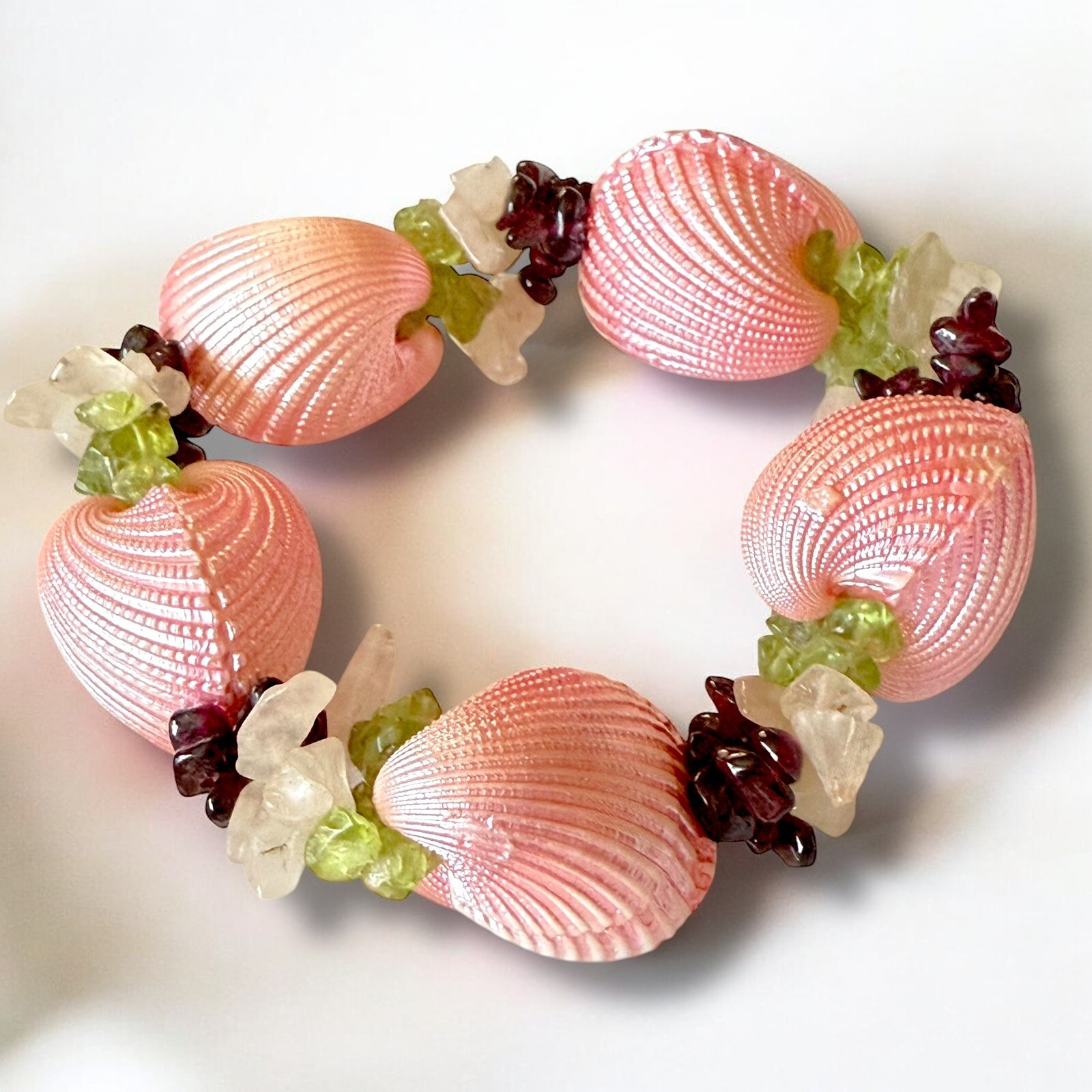 Chunky Shell Beaded Bracelet Stone Crystal Stretc… - image 1