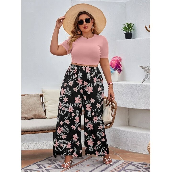 SHEIN Curve Tropical Print Wide Leg Pants