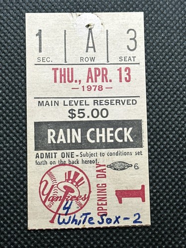 4/13/78 CWS at NYY Ticket Stub Reggie Jackson HR and crowd throws Reggie Bars!