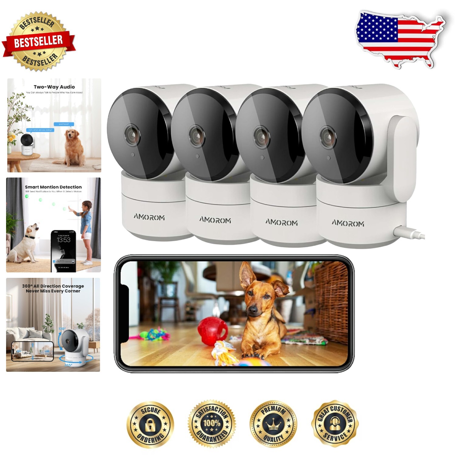 360° HD Pet Camera with Night Vision & 2-Way Audio - 4 Pack Home Security-image