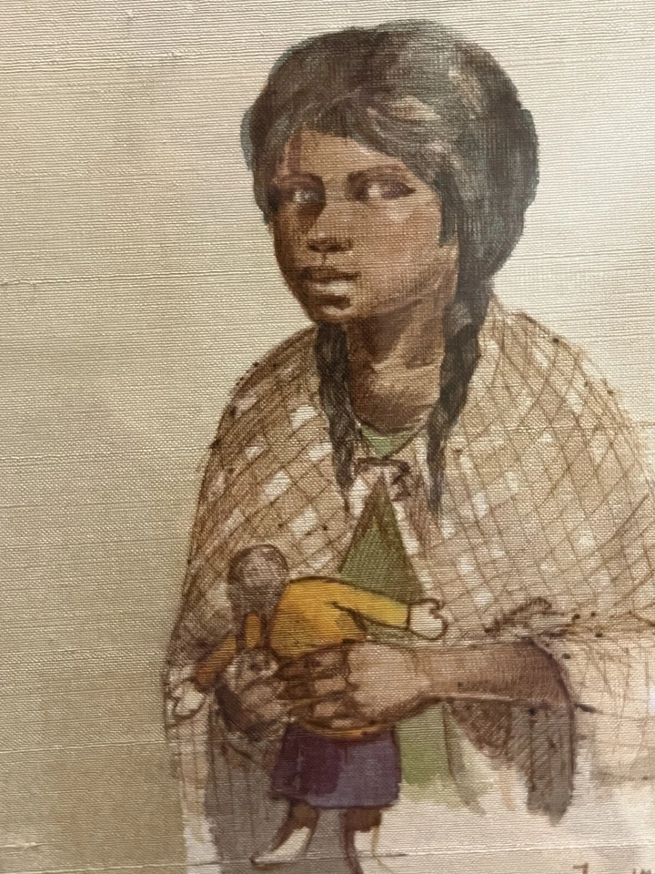 Dibujo a tinta sepia original Jorge Imana Garrón, María y su muñeca, firmado, enmarcado Foto 2 de 4