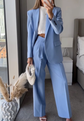 ZARA WOMEN NWT Mid-Rise WIDE LEG PANTS WITH DARTS SKY BLUE