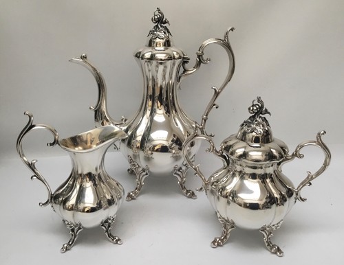 Reed And Barton Winthrop Coffee Pot Creamer Sugar Silverplate 1795 Pumpkin Top