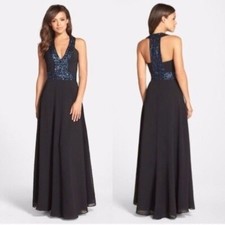 Dress the Population Women's Black Sequins V Neck Evening Maxi Dress Size Small
