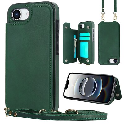 For iPhone 16E PU Leather Credit Card Holder Cross-body Back Phone Case