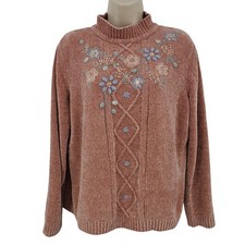 VTG Grandmacore Sweater Women M Pink Embroidered Floral Chenille Cabincore