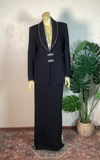 Vintage St John Evening Black Knit Rhinestone Blazer Long Skirt Suit Set Sz M