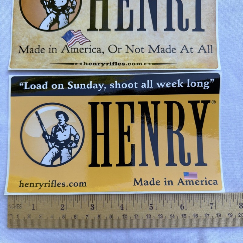 (2) Henry Rifle Stickers, Load On Sunday, Shoot All Week Long, Made In America