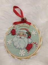 Vintage Finished Round Needlepoint Santa Claus Christmas Hanging Ornament