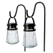 10-Lumen Solar Crackle-Glass LED Lantern Path Lights with Shepherd Hook, 2 Pack